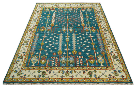Teal and Ivory, Tree of Life Vintage Hand Knotted, Antique Turkish 5x8, 6x9, 8x10, 9x12, 10x14, 12x15 Wool Rug, Living Room | CP697