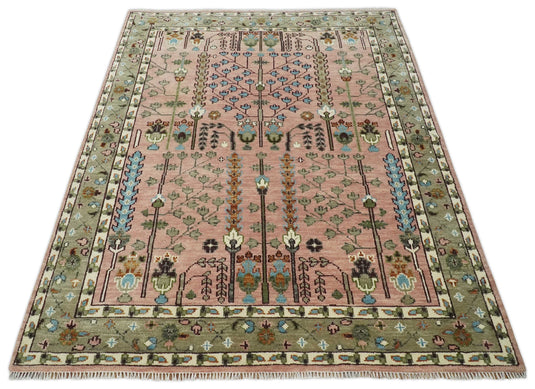 Pink,Olive and Beige Tree of Life Vintage Persian Hand Knotted, Antique Turkish 5x8, 6x9, 8x10, 9x12, 10x14, 12x15 Wool Rug, Living Room Rug