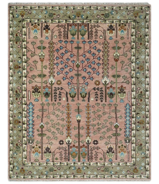 Pink,Olive and Beige Tree of Life Vintage Persian Hand Knotted, Antique Turkish 5x8, 6x9, 8x10, 9x12, 10x14, 12x15 Wool Rug, Living Room Rug