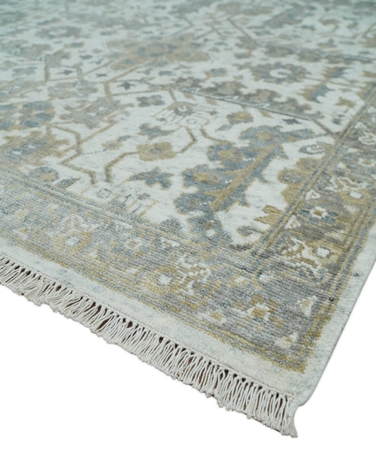 Hand Knotted Bamboo Silk Ivory, Grey and Beige Traditional Antique Oushak area rug| CP1070810