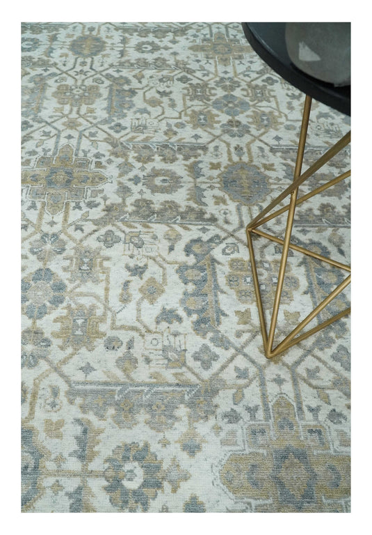 Hand Knotted Bamboo Silk Ivory, Grey and Beige Traditional Antique Oushak area rug| CP1070810