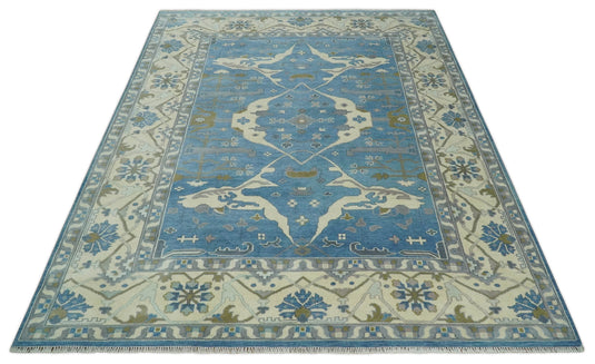 Hand Knotted Blue and Beige Traditional Vintage Oushak Wool area Rug | CP1082912