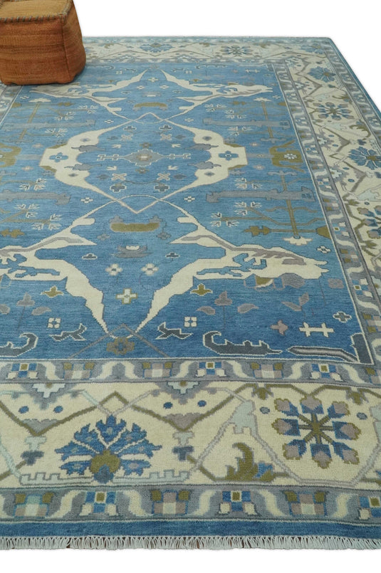 Hand Knotted Blue and Beige Traditional Vintage Oushak Wool area Rug | CP1082912