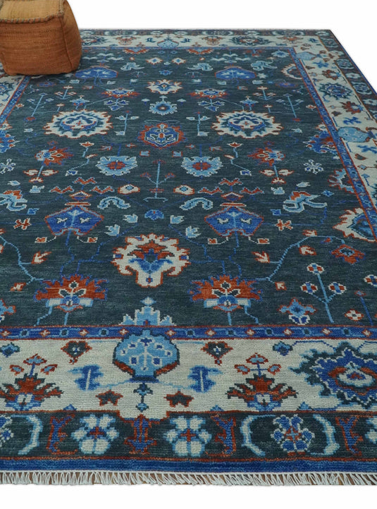 Fine Hand knotted Charcoal, Ivory and Blue Traditional Oushak Area Rug | CP1089