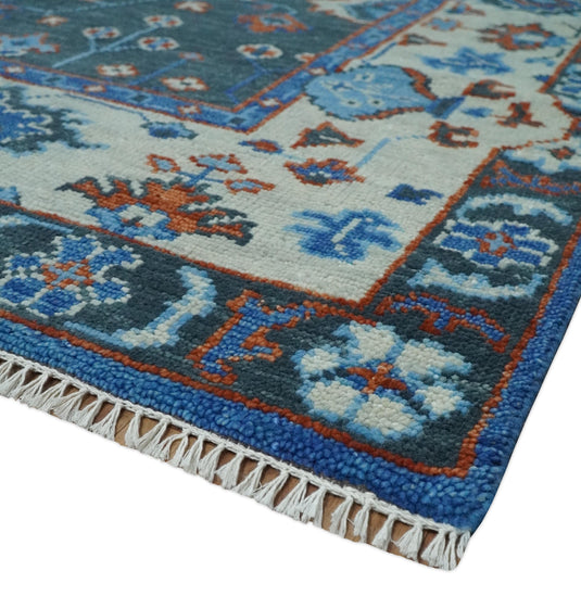 Fine Hand knotted Charcoal, Ivory and Blue Traditional Oushak Area Rug | CP1089