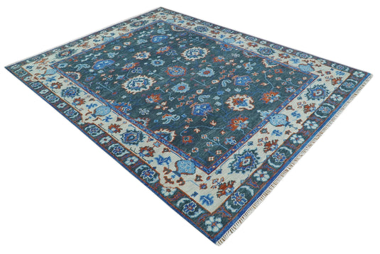 Fine Hand knotted Charcoal, Ivory and Blue Traditional Oushak Area Rug | CP1089