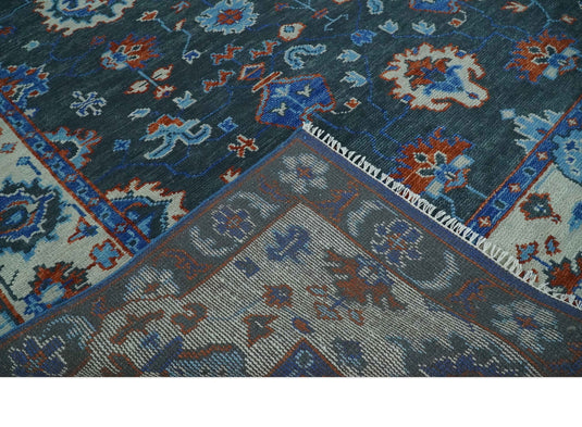 Fine Hand knotted Charcoal, Ivory and Blue Traditional Oushak Area Rug | CP1089