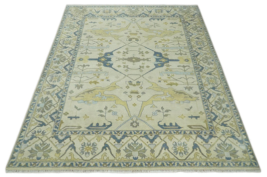 Hand Knotted Beige and Blue Antique Oushak Wool area Rug | CP1093912