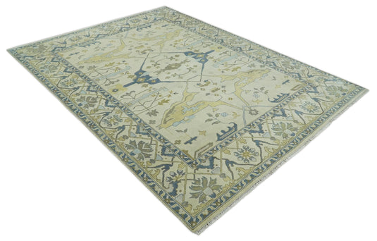 Hand Knotted Beige and Blue Antique Oushak Wool area Rug | CP1093912