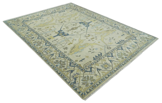 Hand Knotted Beige and Blue Antique Oushak Wool area Rug | CP1093912