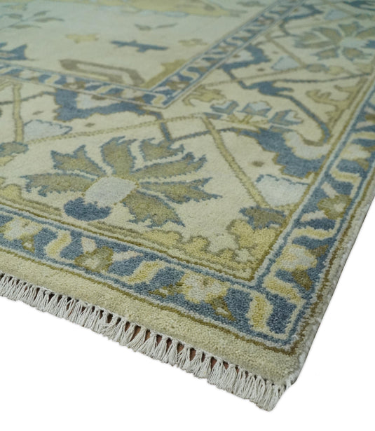 Hand Knotted Beige and Blue Antique Oushak Wool area Rug | CP1093912