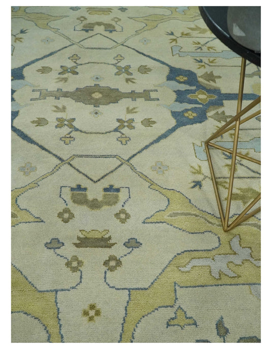 Hand Knotted Beige and Blue Antique Oushak Wool area Rug | CP1093912