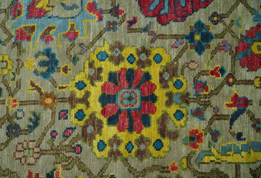 Hand Knotted Olive with colorful floral design Oushak Wool area Rug | CP1098912