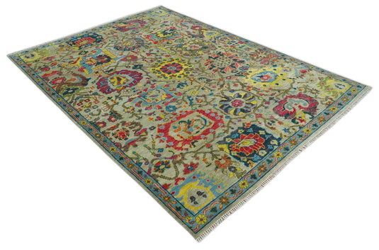 Hand Knotted Olive with colorful floral design Oushak Wool area Rug | CP1098912