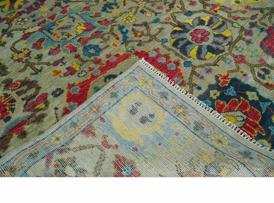 Hand Knotted Olive with colorful floral design Oushak Wool area Rug | CP1098912