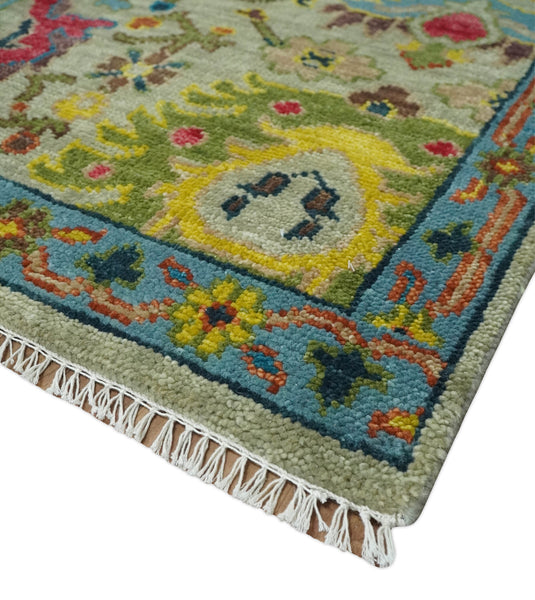 Hand Knotted Olive with colorful floral design Oushak Wool area Rug | CP1098912