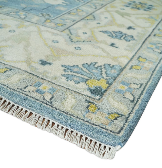 Hand Knotted Vintage Oriental Blue, Ivory and Beige Oushak Wool Area Rug | CP1100810