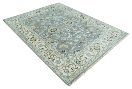 Hand Knotted Vintage Oriental Traditional Grey and Ivory Oushak Wool Area Rug | CP1101810