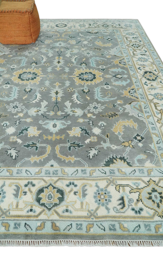 Hand Knotted Vintage Oriental Traditional Grey and Ivory Oushak Wool Area Rug | CP1101810