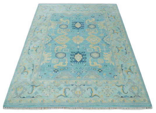 Hand Knotted Aqua and Beige Antique look Oushak Wool Area Rug | CP1109810