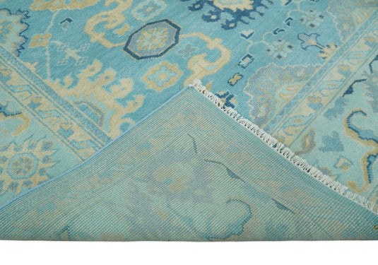 Hand Knotted Aqua and Beige Antique look Oushak Wool Area Rug | CP1109810