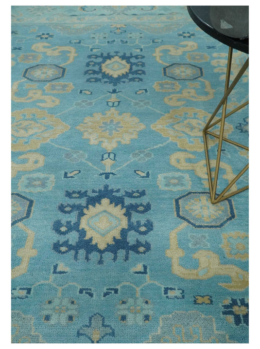 Hand Knotted Aqua and Beige Antique look Oushak Wool Area Rug | CP1109810