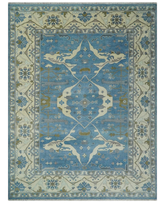 Hand Knotted Blue and Beige Traditional Vintage Oushak Wool area Rug | CP1082912