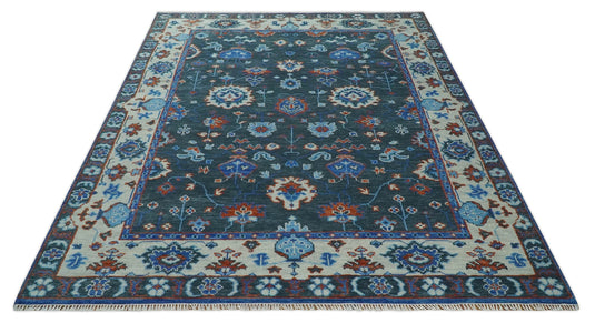 Fine Hand knotted Charcoal, Ivory and Blue Traditional Oushak Area Rug | CP1089