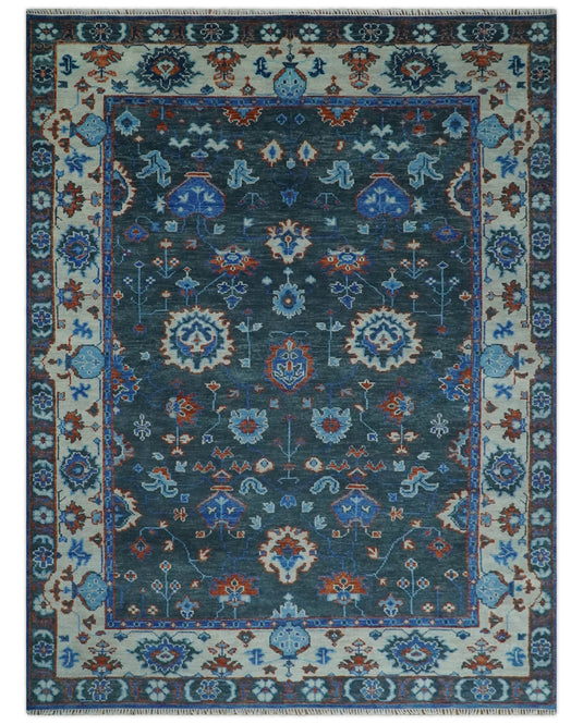 Fine Hand knotted Charcoal, Ivory and Blue Traditional Oushak Area Rug | CP1089