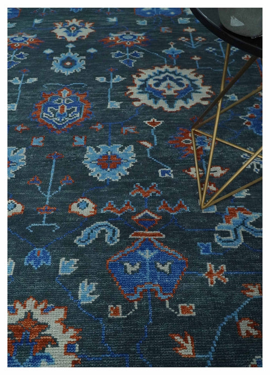 Fine Hand knotted Charcoal, Ivory and Blue Traditional Oushak Area Rug | CP1089