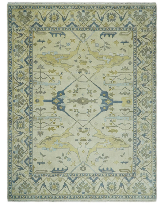 Hand Knotted Beige and Blue Antique Oushak Wool area Rug | CP1093912