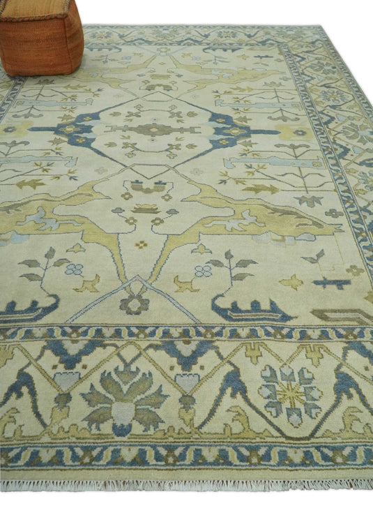 Hand Knotted Beige and Blue Antique Oushak Wool area Rug | CP1093912