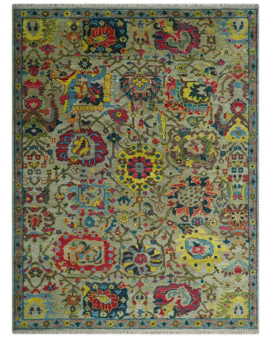 Hand Knotted Olive with colorful floral design Oushak Wool area Rug | CP1098912