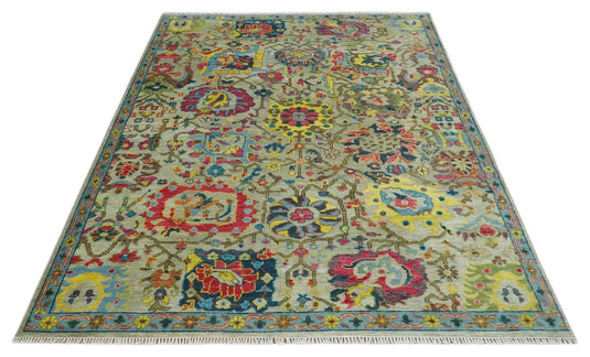 Hand Knotted Olive with colorful floral design Oushak Wool area Rug | CP1098912