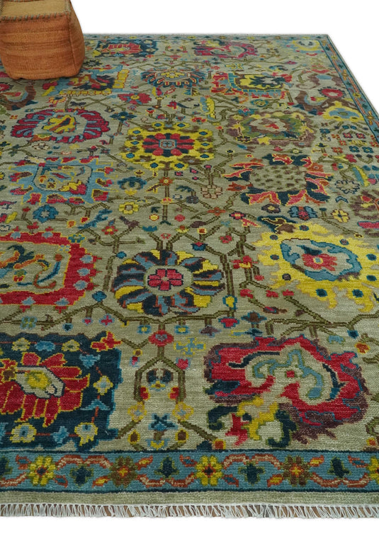 Hand Knotted Olive with colorful floral design Oushak Wool area Rug | CP1098912