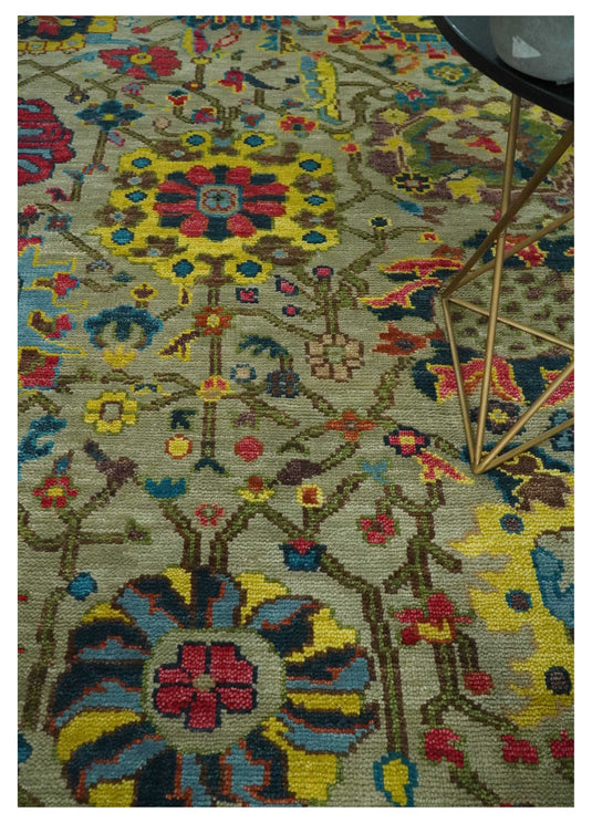 Hand Knotted Olive with colorful floral design Oushak Wool area Rug | CP1098912