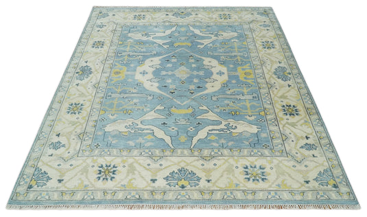 Hand Knotted Vintage Oriental Blue, Ivory and Beige Oushak Wool Area Rug | CP1100810