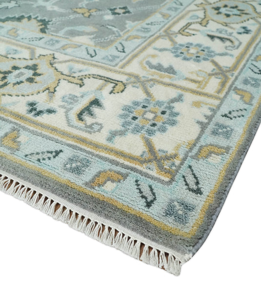 Hand Knotted Vintage Oriental Traditional Grey and Ivory Oushak Wool Area Rug | CP1101810