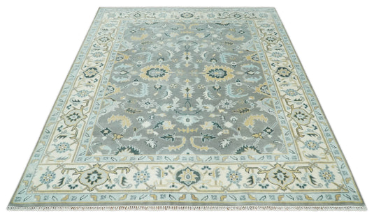 Hand Knotted Vintage Oriental Traditional Grey and Ivory Oushak Wool Area Rug | CP1101810