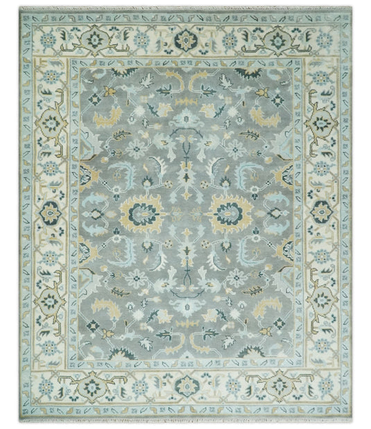 Hand Knotted Vintage Oriental Traditional Grey and Ivory Oushak Wool Area Rug | CP1101810