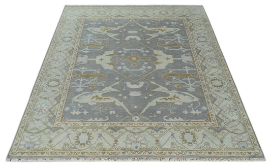 Hand Knotted Vintage Oriental Grey, Ivory and Beige Oushak Wool Area Rug | CP1102810