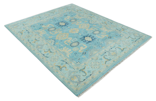 Hand Knotted Aqua and Beige Antique look Oushak Wool Area Rug | CP1109810