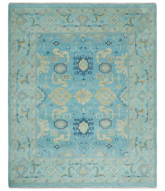 Hand Knotted Aqua and Beige Antique look Oushak Wool Area Rug | CP1109810