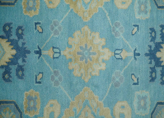 Hand Knotted Aqua and Beige Antique look Oushak Wool Area Rug | CP1109810