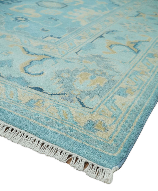 Hand Knotted Aqua and Beige Antique look Oushak Wool Area Rug | CP1109810