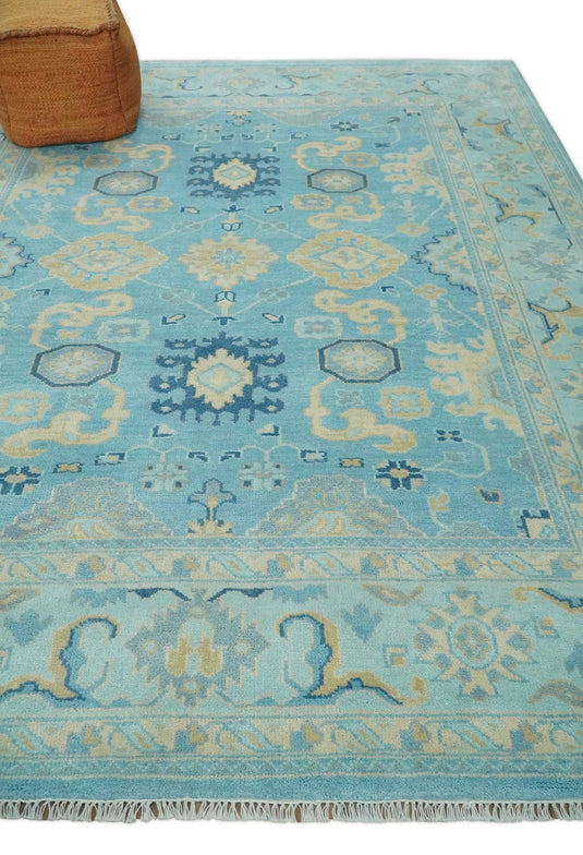 Hand Knotted Aqua and Beige Antique look Oushak Wool Area Rug | CP1109810